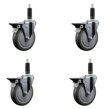 Service Caster 5'' Gray Poly Swivel 1'' Expanding Stem Caster Set with Brake, 4PK SCC-EX20S514-PPUB-PLB-1-4